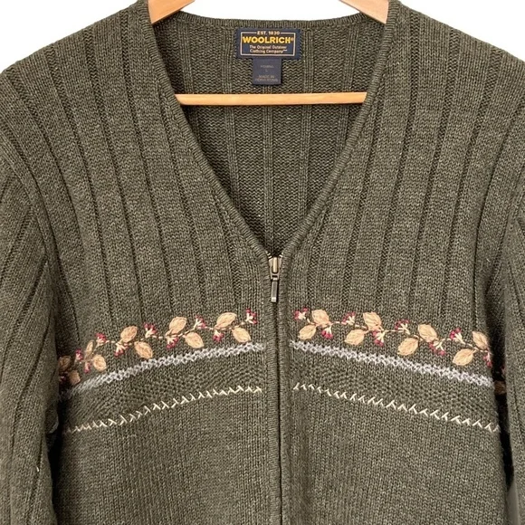 Woolrich Women’s Green Zip Cardigan with Needlework Cottagecore Size Large - Picture 3 of 10